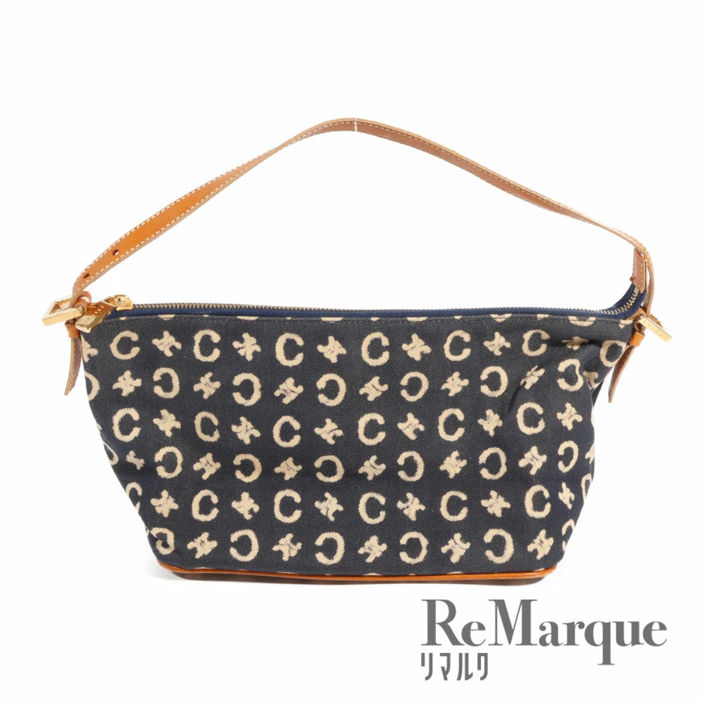 CELINE Macadam One Shoulder Hobo Bag Navy Blue Canvas Leather Handbag